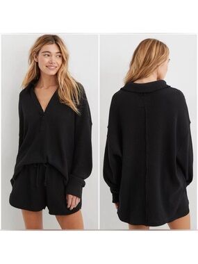 Aerie LumberJane Waffle Polo Sweatshirt Black Size Medium